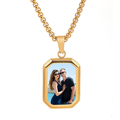 Solid gold titanium dog tag pendant necklace with temperature-activated hidden couple photo and thick box chain