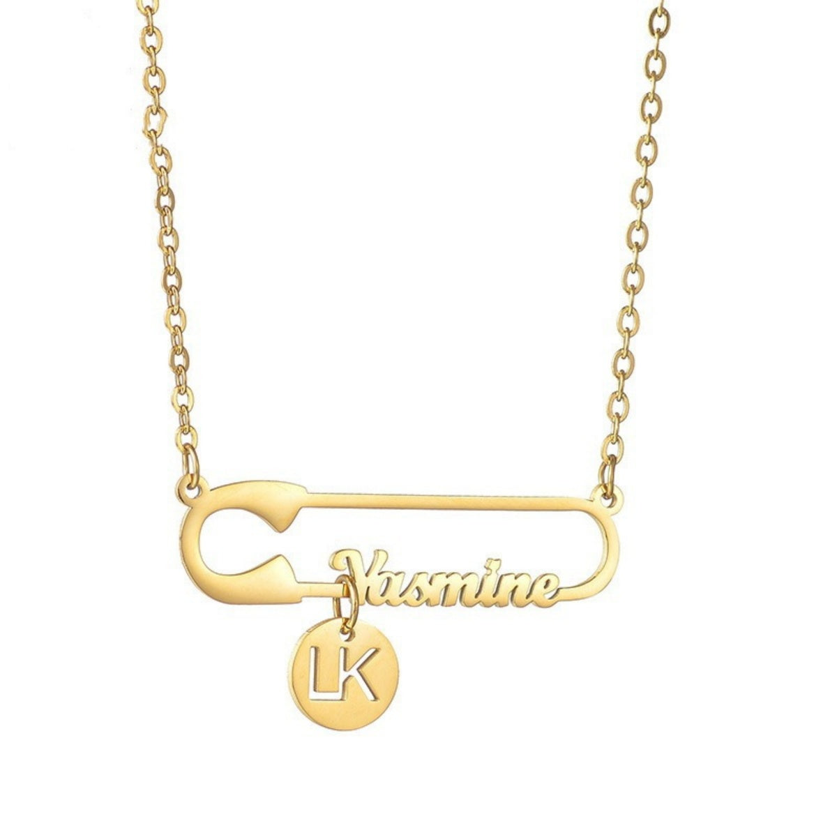 Personalized Safety Pin Name Necklace with Custom Initial Disc Charm Single Script Name Gold Pendant