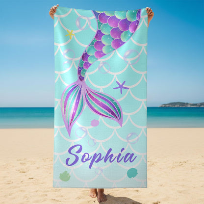 Personalized Mermaid Tail Beach Towel Custom Name Kids Microfiber Pool Towel