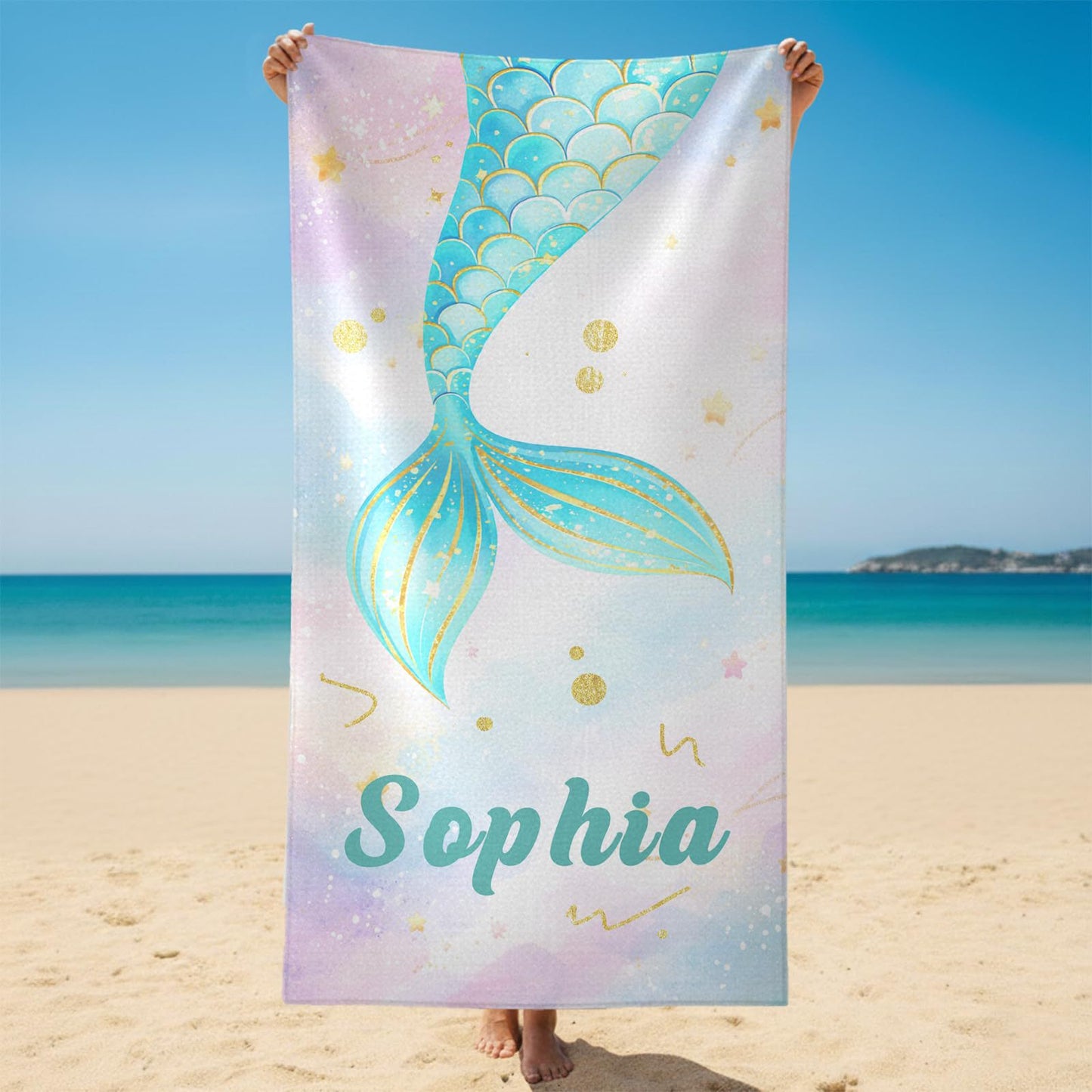Personalized Mermaid Tail Beach Towel Custom Name Kids Microfiber Pool Towel