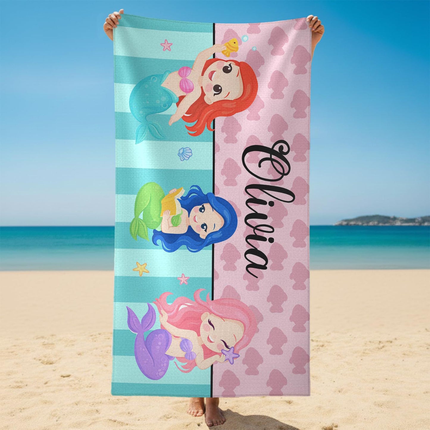 Personalized Mermaid Tail Beach Towel Custom Name Kids Microfiber Pool Towel