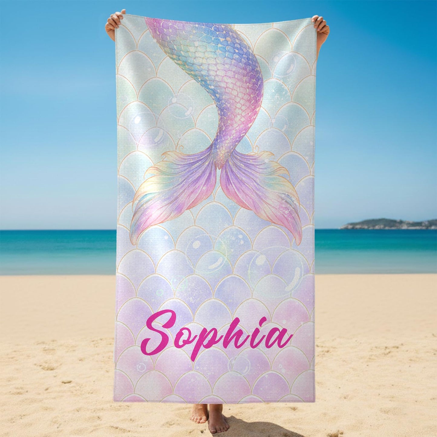 Personalized Mermaid Tail Beach Towel Custom Name Kids Microfiber Pool Towel