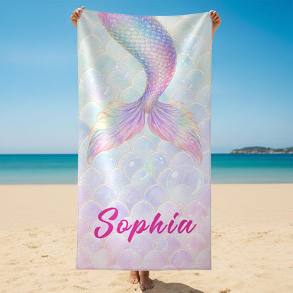 Personalized Mermaid Tail Beach Towel Custom Name Kids Microfiber Pool Towel