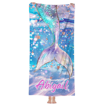 Personalized Mermaid Tail Beach Towel Custom Name Kids Microfiber Pool Towel