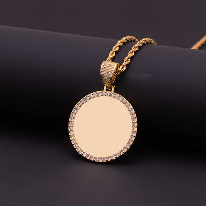Gold Tone Brass Blank Round Photo Pendant With Full Cubic Zirconia Halo Border Unprinted Keepsake Necklace Front Detail Shot