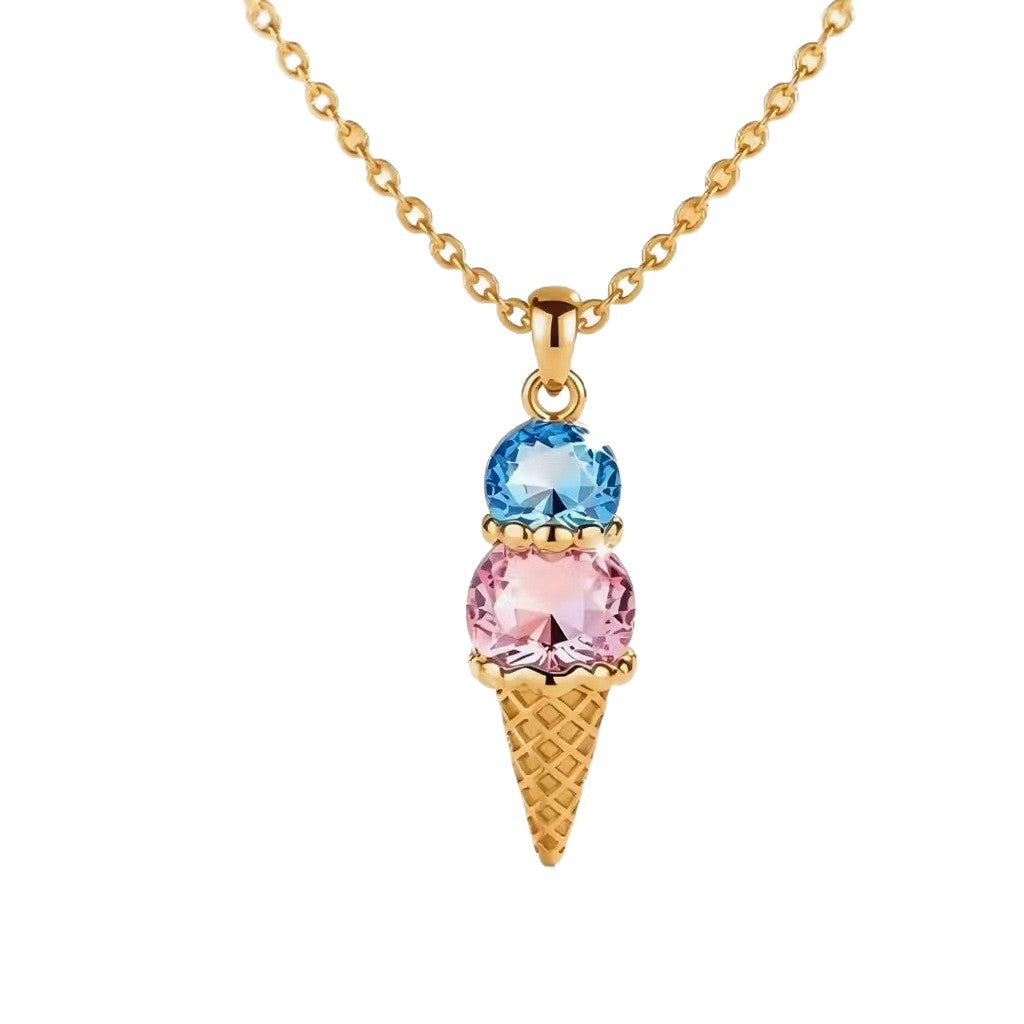 Clean white background product photo of gold plated brass dual birthstone ice cream necklace