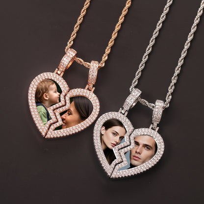 Zircon paved split broken heart matching photo necklace set, personalized interlocking couple pendant in silver & rose gold