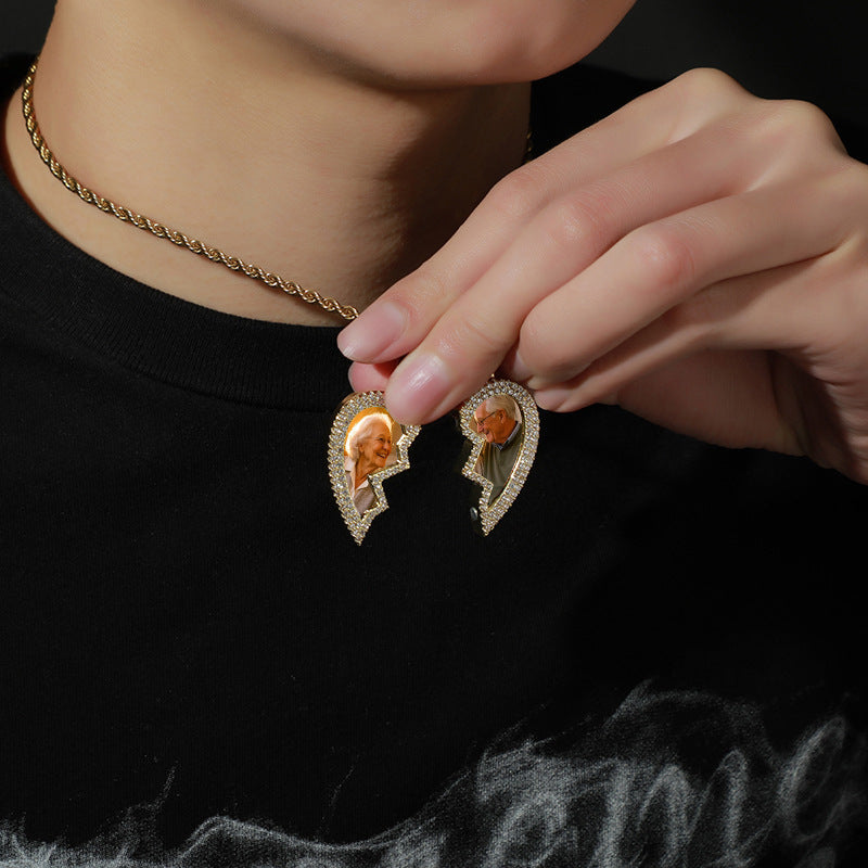 Lifestyle close-up of split broken heart photo necklace, wearable interlocking couple pendant with twisted rope chain