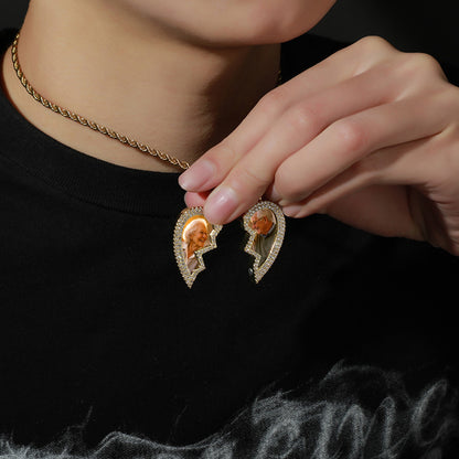 Lifestyle close-up of split broken heart photo necklace, wearable interlocking couple pendant with twisted rope chain