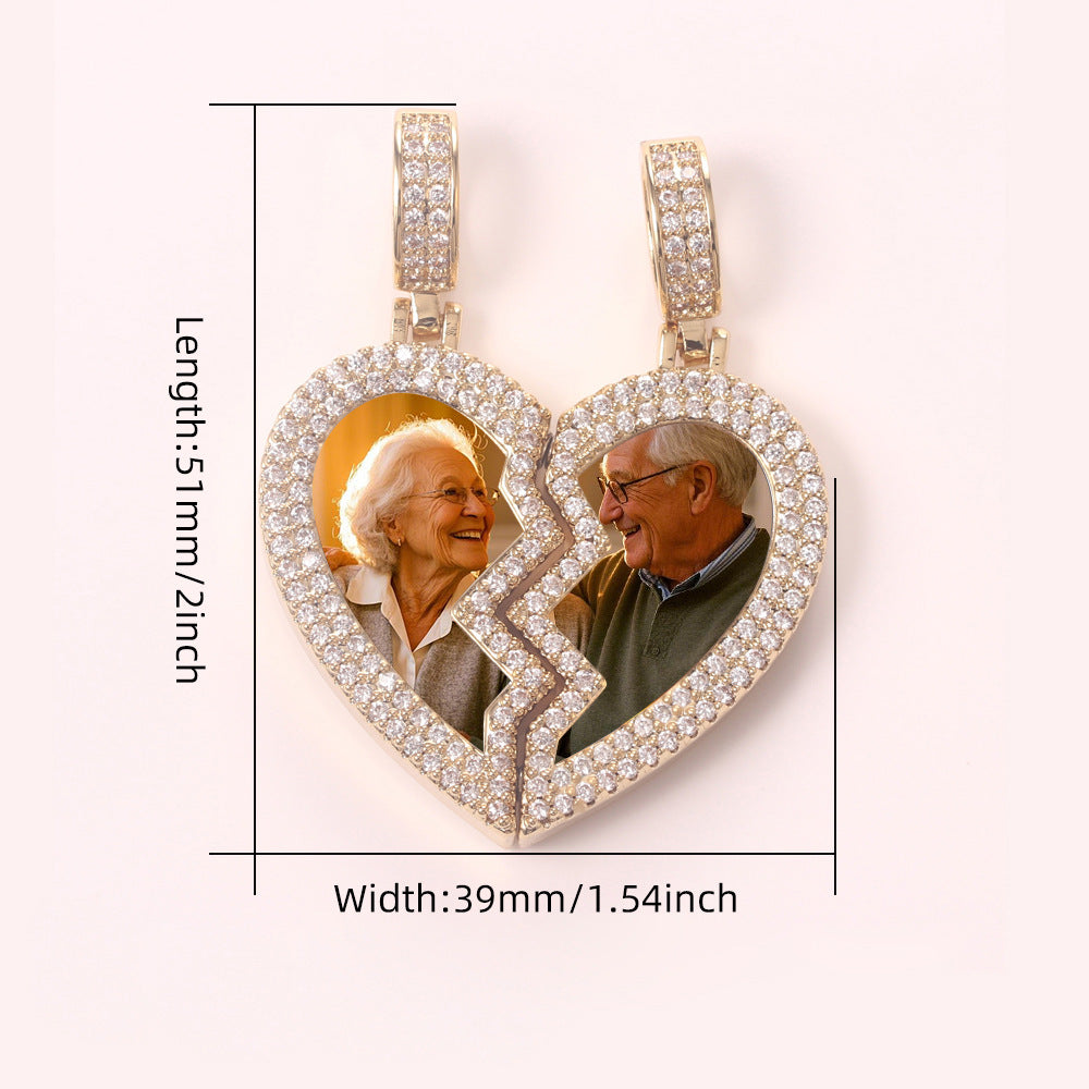 Size guide chart for custom split broken heart photo locket, dimension reference of zircon couple matching pendant