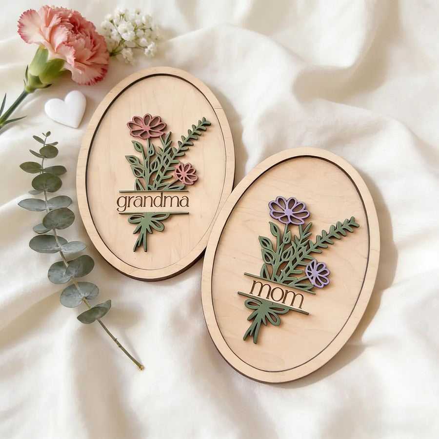 Purple Bouquet personalized oval floral wooden name sign