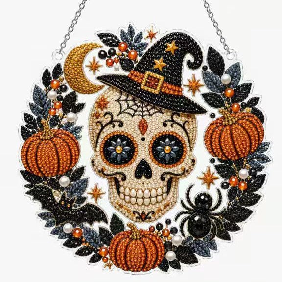 Sugar skull pumpkin diamond painting wreath Halloween hanging decoration