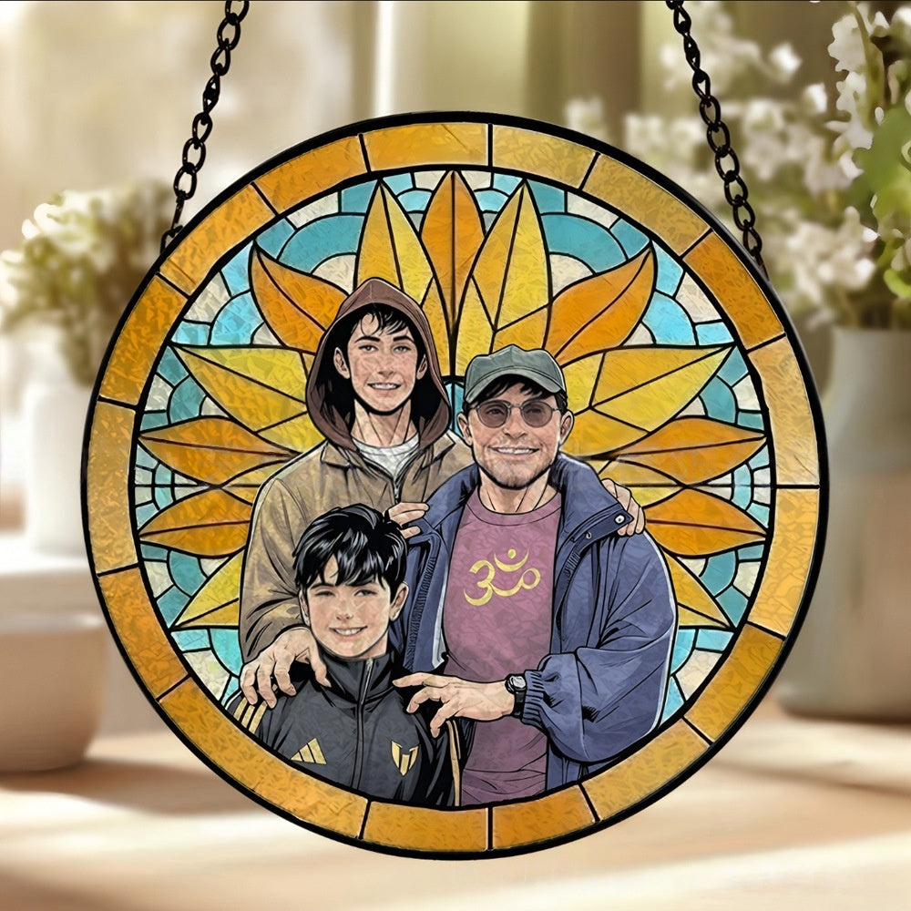 Sunflower frame stained glass style custom photo suncatcher hanging window ornament for family gift