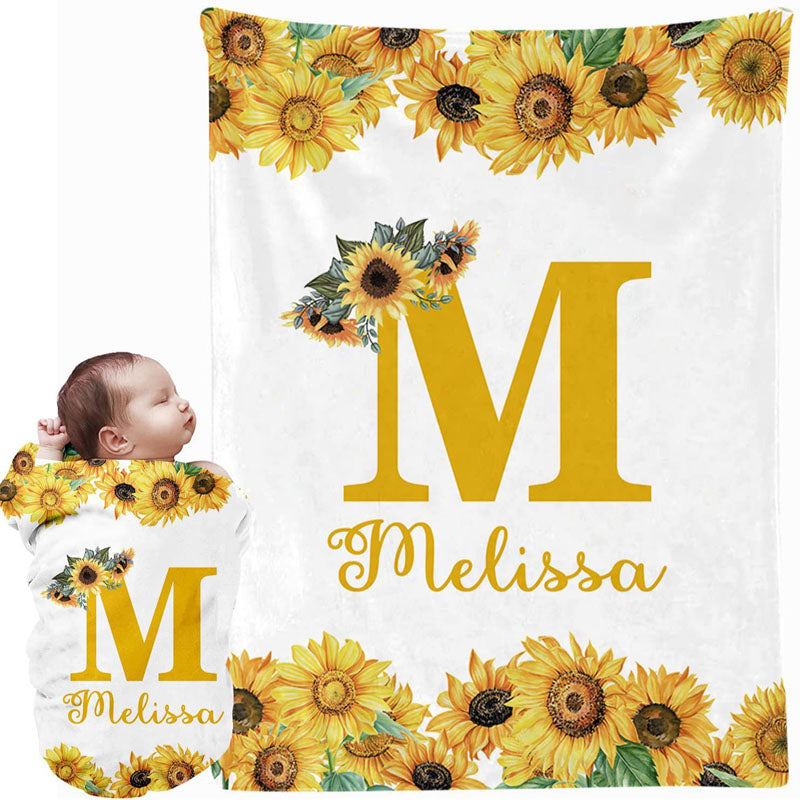 Sunflower border personalized monogram baby blanket custom name Melissa ultra soft flannel nursery throw keepsake blanket