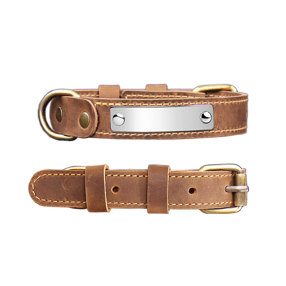 Tan genuine leather dog collar with blank stainless steel ID tag, custom engraved anti-lost puppy collar