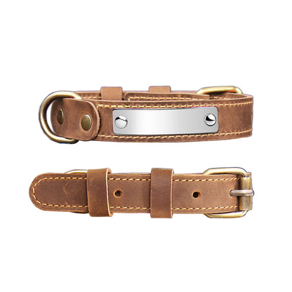 Tan genuine leather dog collar with blank stainless steel ID tag, custom engraved anti-lost puppy collar