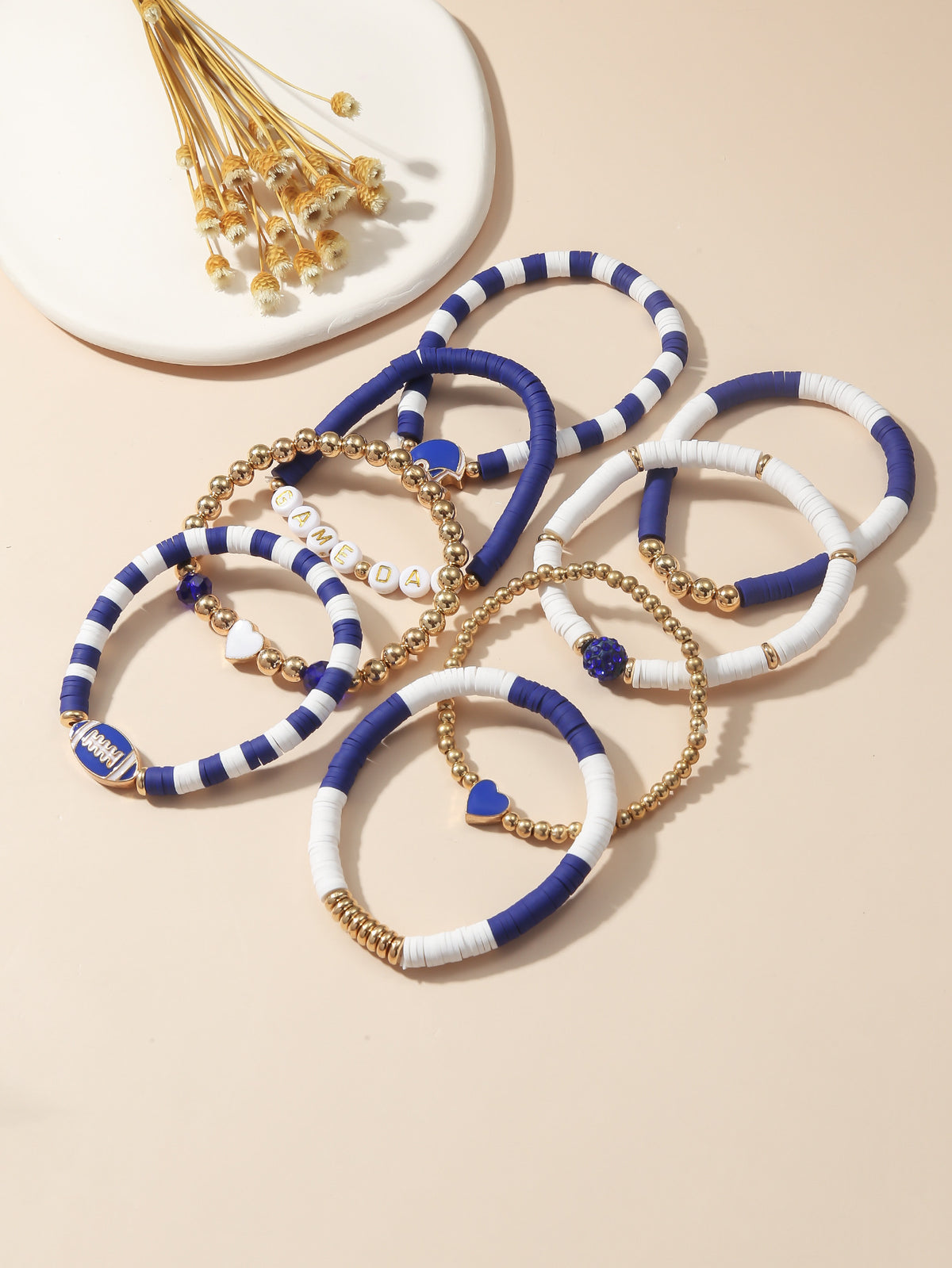 Team Color Football Beaded Bracelets Flat Lay, Game Day Fan Jewelry Closeup