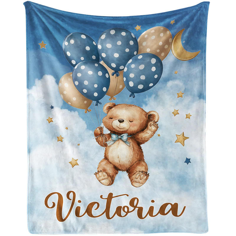Cute teddy bear balloon sky personalized baby blanket custom name Victoria flannel toddler throw blanket kids birthday gift