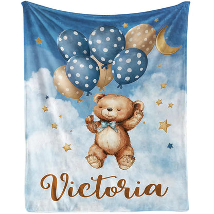 Cute teddy bear balloon sky personalized baby blanket custom name Victoria flannel toddler throw blanket kids birthday gift