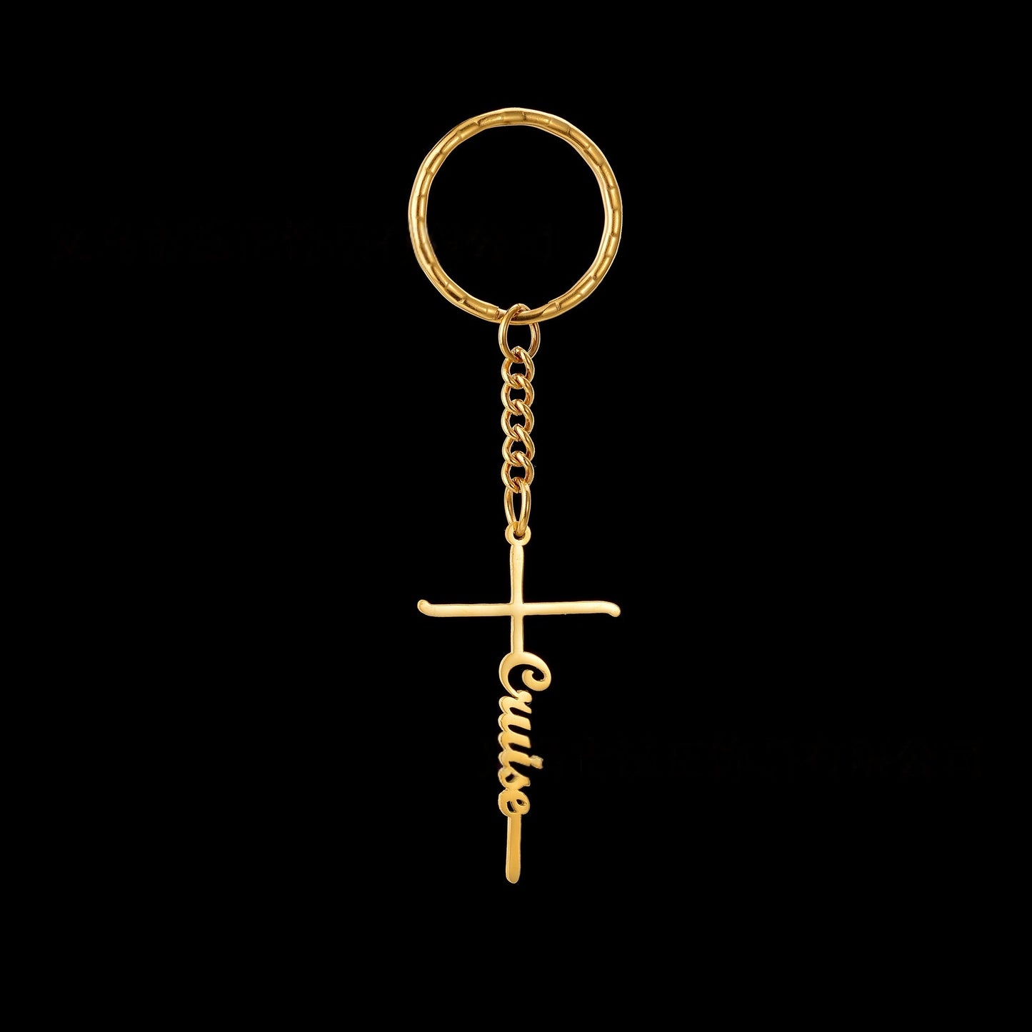 Slim blank vertical gold cross keychain, customizable engraving religious key ring pendant