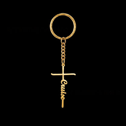 Slim blank vertical gold cross keychain, customizable engraving religious key ring pendant