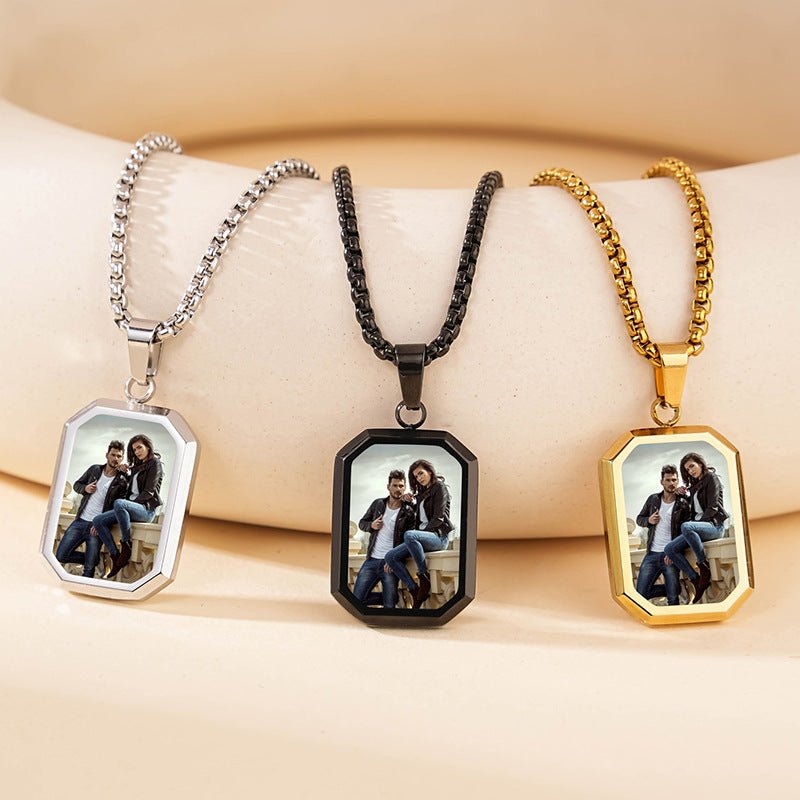 Silver black gold three tone titanium steel heat reveal dog tag photo necklaces full color collection display