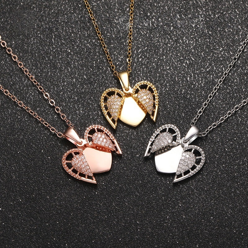 Full Set Gold Rose Gold Silver Brass Angel Wing Filigree Heart Locket Necklace Cubic Zirconia Women Sentimental Jewelry Collection