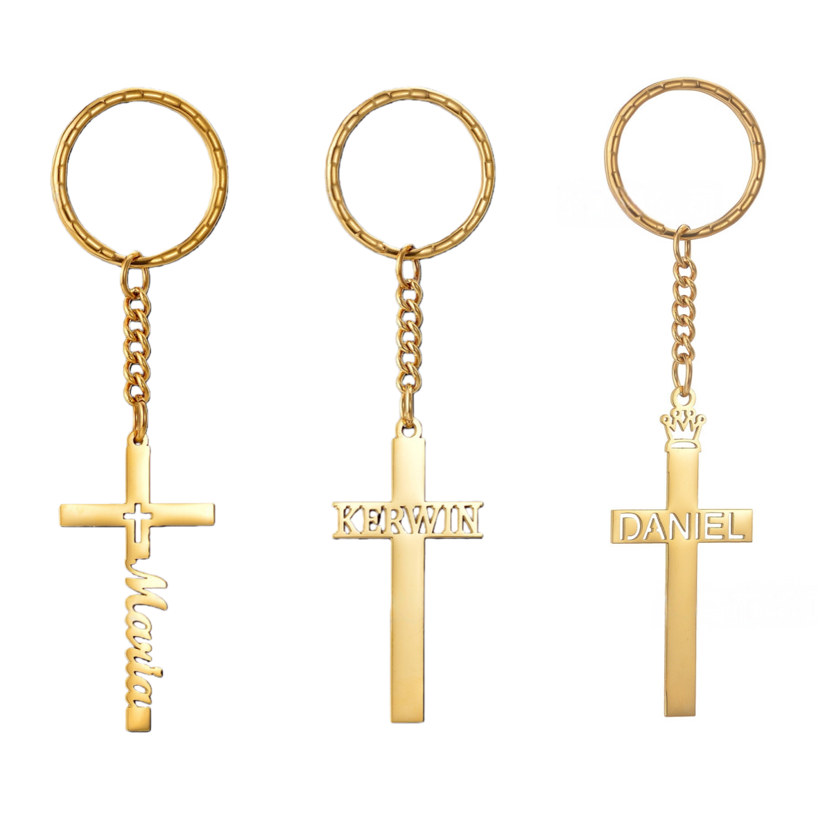 Bulk personalized engraved cross name keychains gold tone, custom faith key rings for family gifts