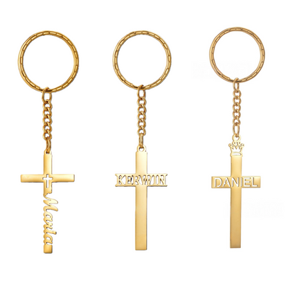 Bulk personalized engraved cross name keychains gold tone, custom faith key rings for family gifts