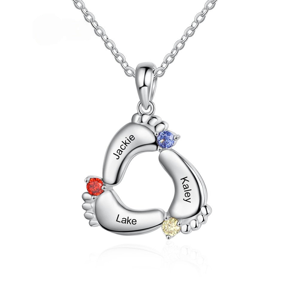 Triple hollow combined footprint heart pendant crafted from silver brass with multi-color birthstone zircon inlay