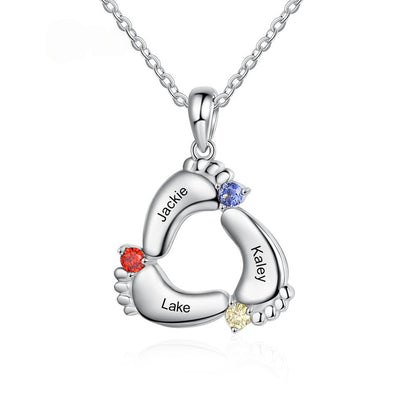 Triple hollow combined footprint heart pendant crafted from silver brass with multi-color birthstone zircon inlay