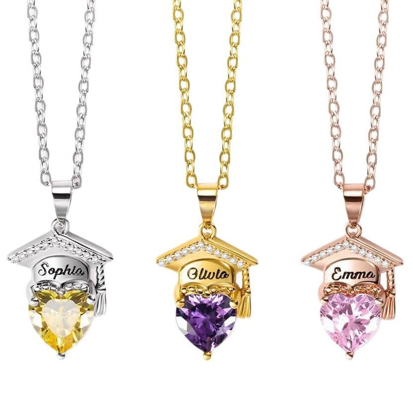 Gold silver rose gold brass graduation cap pendants with engraved names and heart-shaped cubic zirconia