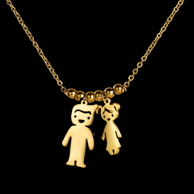 Two kid silhouette custom gold necklace sibling figure pendant gift for new mom