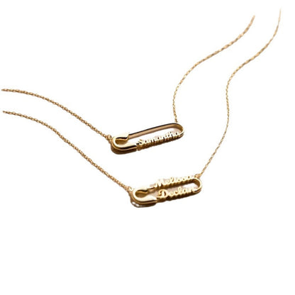 Two Style Personalized Safety Pin Name Necklaces Single Name & Double Couple Names Gold Pendant Side By Side