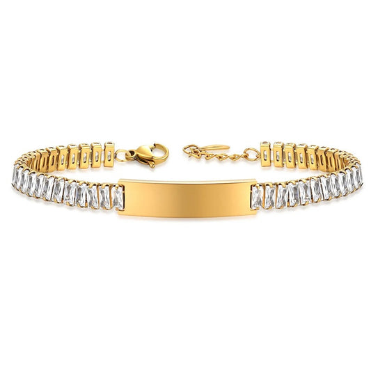 Two-tone gold silver stainless steel bracelet with full pave cubic zirconia chain and blank engraving bar