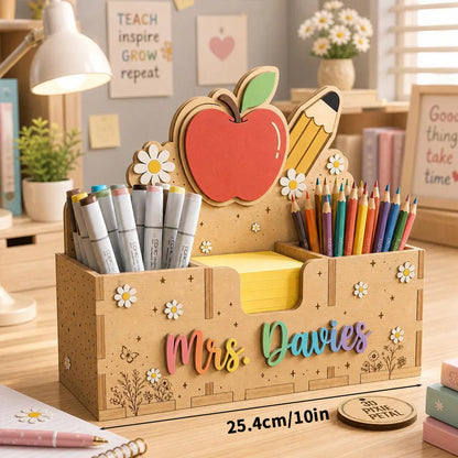 Custom name wooden teacher desk caddy book apple design