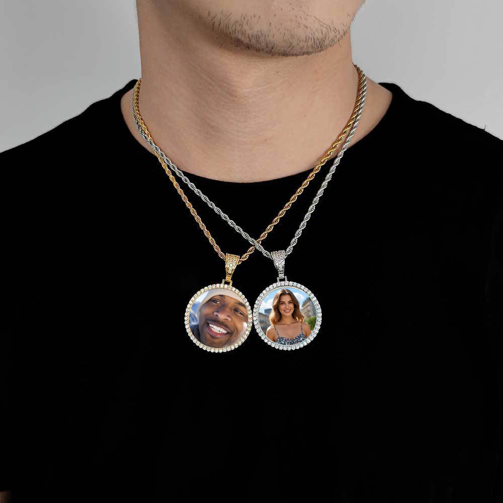 Men Stacked Wearing Effect Round Custom Photo CZ Pendant Necklace Multi-Layer Twisted Chain Outfit Display Unisex Jewelry