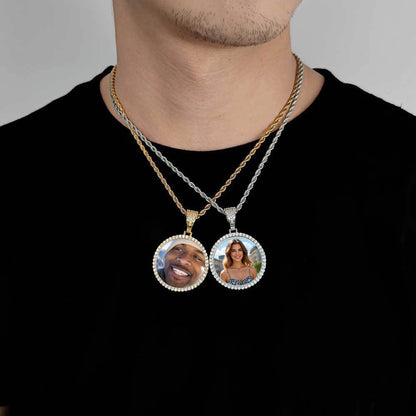 Men Stacked Wearing Effect Round Custom Photo CZ Pendant Necklace Multi-Layer Twisted Chain Outfit Display Unisex Jewelry