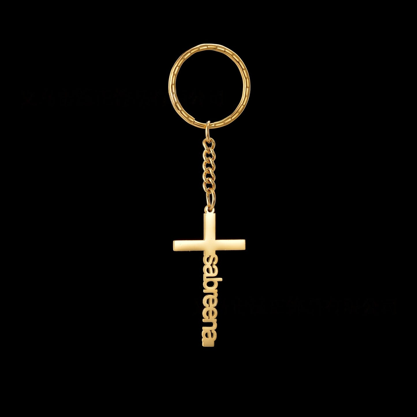 Gold personalized cross keychain with vertical custom name engraving, religious memorial key charm