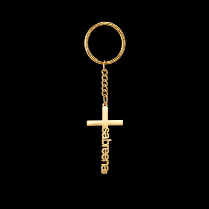 Gold personalized cross keychain with vertical custom name engraving, religious memorial key charm