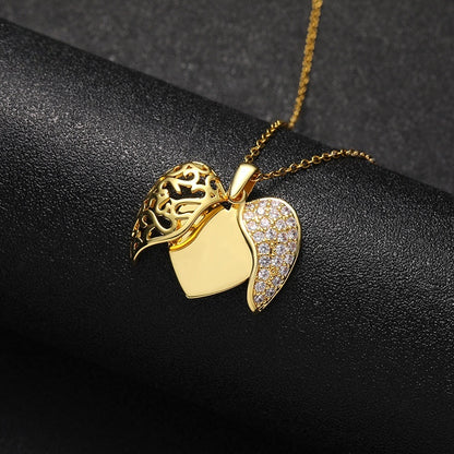 Vintage Filigree Carved Gold Brass Angel Wing Heart Locket Openable Memory Pendant With Cubic Zirconia Stones