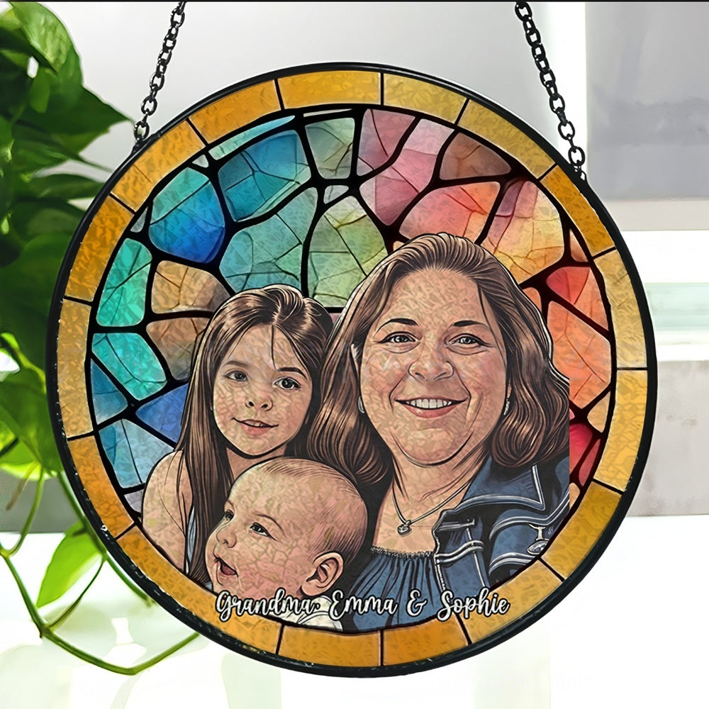 Vintage mosaic stained glass custom photo suncatcher, grandma grandkids portrait window hanging decor