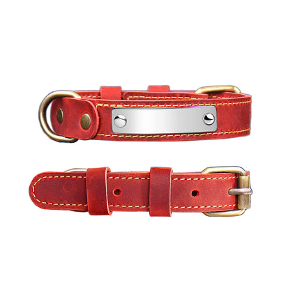 Vintage red genuine leather dog collar with blank stainless steel engraved name tag, adjustable anti-lost personalized pet ID collar