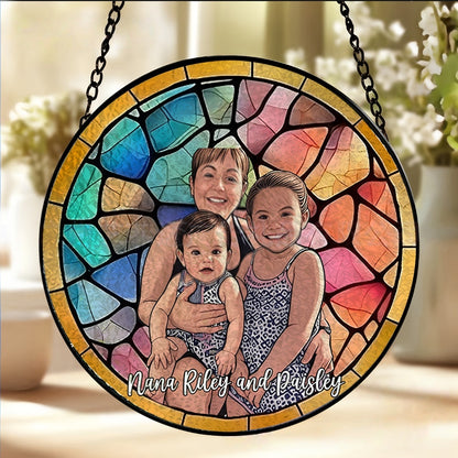 Warm orange frame stained glass custom family photo suncatcher with children portrait home window decor