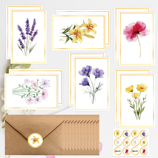 Watercolor wildflower blank greeting card set, 6 floral designs with kraft envelopes and seal stickers