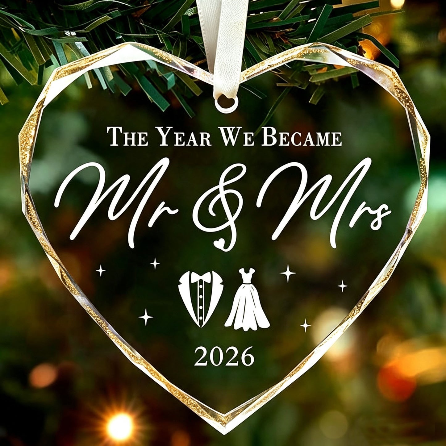 Wedding symbols heart crystal newlywed Christmas ornament