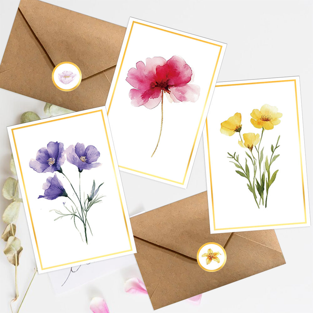 Watercolor flower blank greeting cards styled scene with kraft envelopes and seal stickers