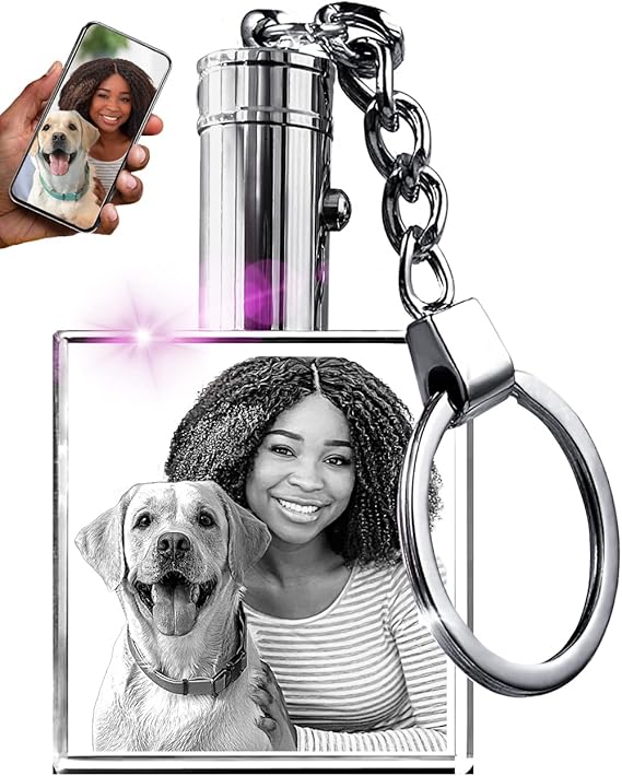 Custom Woman & Pet Photo 3D Laser Engraved Cube Crystal Ashes Keychain