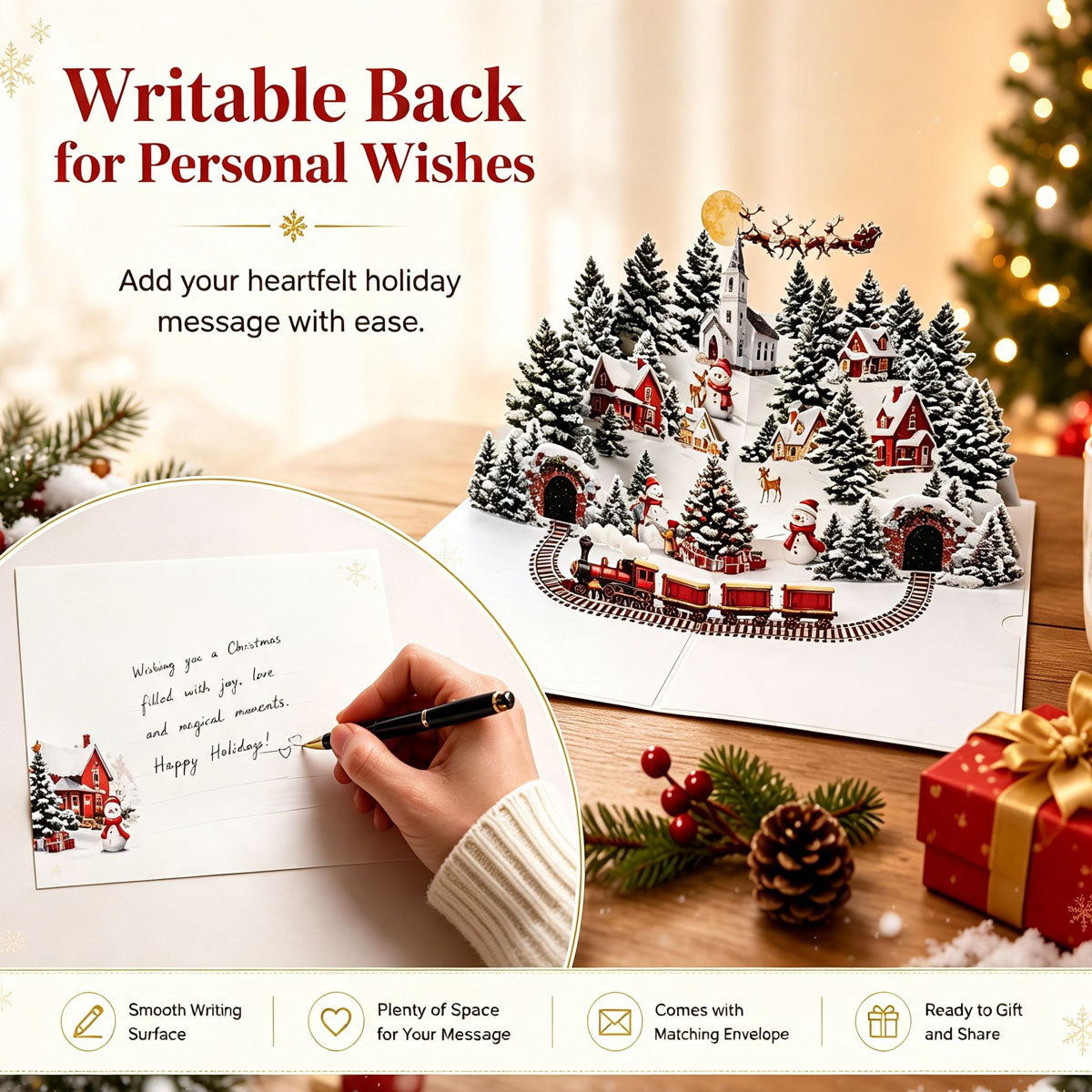 Writable back Christmas pop up card, write personal holiday wishes on message card